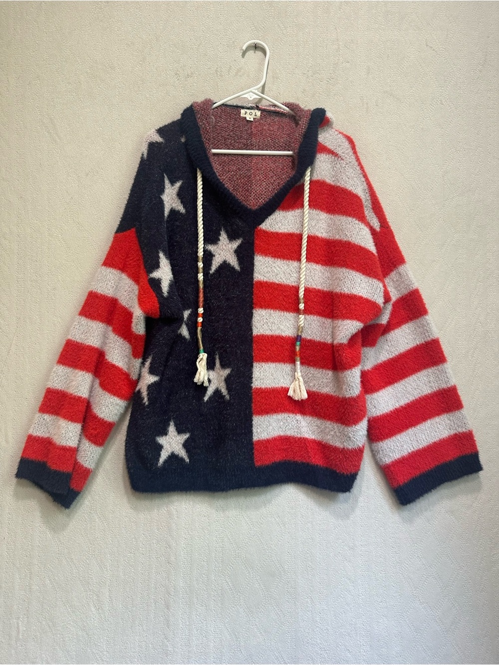 NWOT POL Patriotic Oversized Hooded Star & Stripe Sweater Red White Blue Sz S